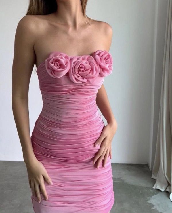 Off-the-shoulder Sleeveless Pink 3D Flower Pleated Mini Ball Gown Evening Dress HZ1024