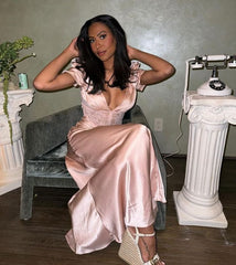 Pink Soft Satin V-Neck Short Sleeve Lace Long Prom Dress Evening Dress HZ1024