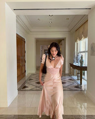 Pink Soft Satin V-Neck Short Sleeve Lace Long Prom Dress Evening Dress HZ1024