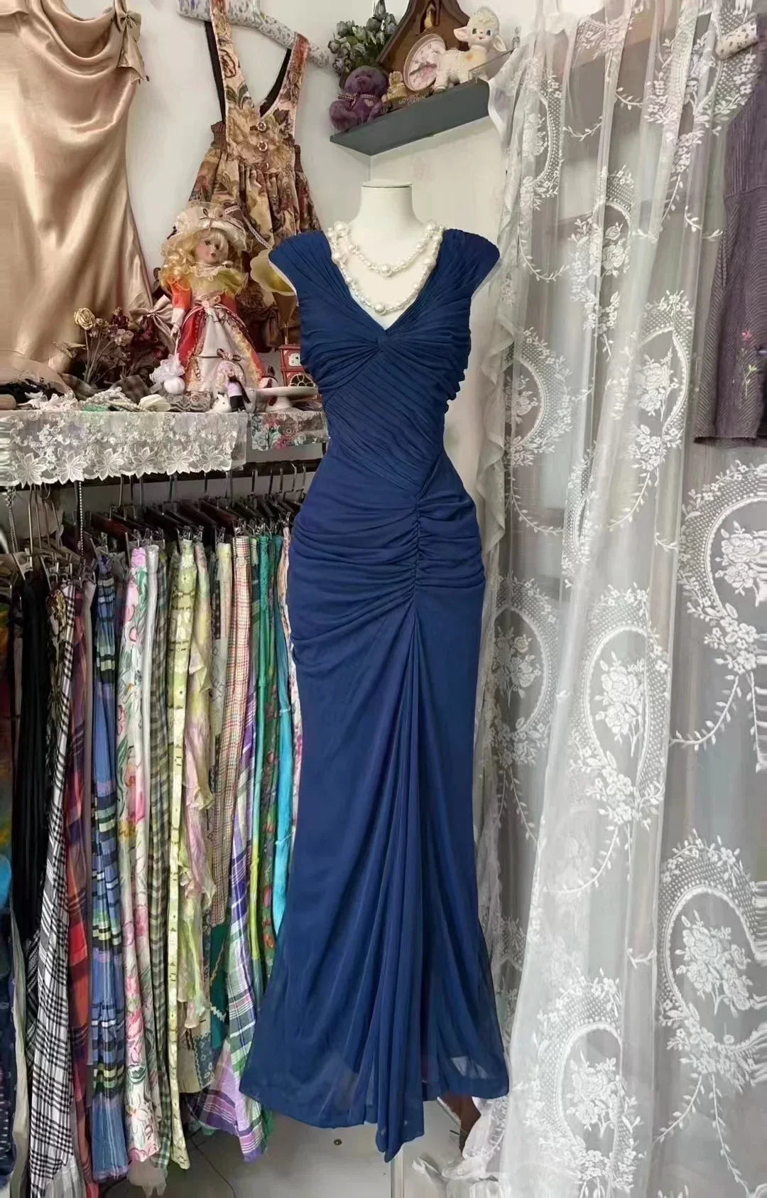 Vintage Navy Strapless Sleeveless Ruffled Mermaid Tulle Ball Gown Evening Dress HZ1024