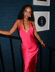 Hot Pink Spaghetti Strap Low Neck Satin Slit Floor Length Ball Gown Evening Dress HZ1024