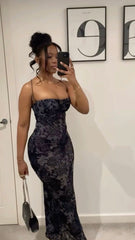 Sexy Retro Mermaid Strap Low Cut Lace Black Long Prom Gown Evening Dress HZ1024