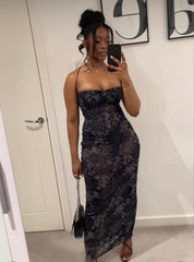 Sexy Retro Mermaid Strap Low Cut Lace Black Long Prom Gown Evening Dress HZ1024