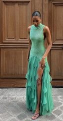 High collar green slit tulle long gorgeous prom dress evening dress HZ1024