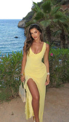 Elegant light yellow strap V-neck slit prom dress evening dress HZ1024