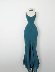 Vintage Blue Spaghetti Strap V Neck Beaded Off Shoulder Mermaid Ball Gown Evening Dress HZ1024