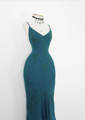 Vintage Blue Spaghetti Strap V Neck Beaded Off Shoulder Mermaid Ball Gown Evening Dress HZ1024