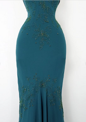 Vintage Blue Spaghetti Strap V Neck Beaded Off Shoulder Mermaid Ball Gown Evening Dress HZ1024
