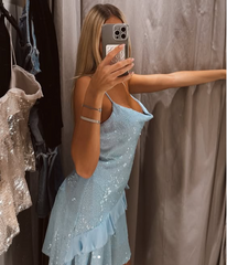 Spaghetti Strap Light Blue Sequin Ruffle Short Party Dress Homecoming Dress HZ1024
