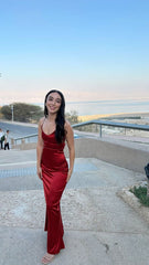 Simple Spaghetti Strap Burgundy Satin Long Mermaid Formal Prom Dress Evening Gown HZ1024