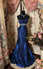 A-Line Vintage Blue Strap Satin Floor Length Prom Dress Evening Gown HZ1024