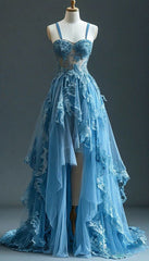 Illusion Strap Tulle High Low A-Line Blue Formal Long Prom Dress Evening Dress HZ1024