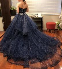 A-Line Elegant Navy Strapless Floor-length Formal Prom Dress Evening Gown HZ1024