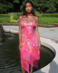 Spaghetti Strap Pink Sleeveless Floral Chiffon Ball Gown Party Dress HZ1024