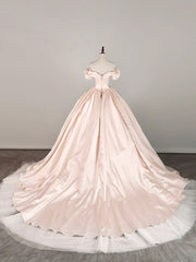 Elegant Pink Satin A-Line Off-The-Shoulder Floor-Sweeping Prom Dress Evening Gown HZ1024