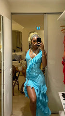 Sexy Blue Halter Neck Sleeveless Ruffle Slit Prom Dress Party Dress HZ1024
