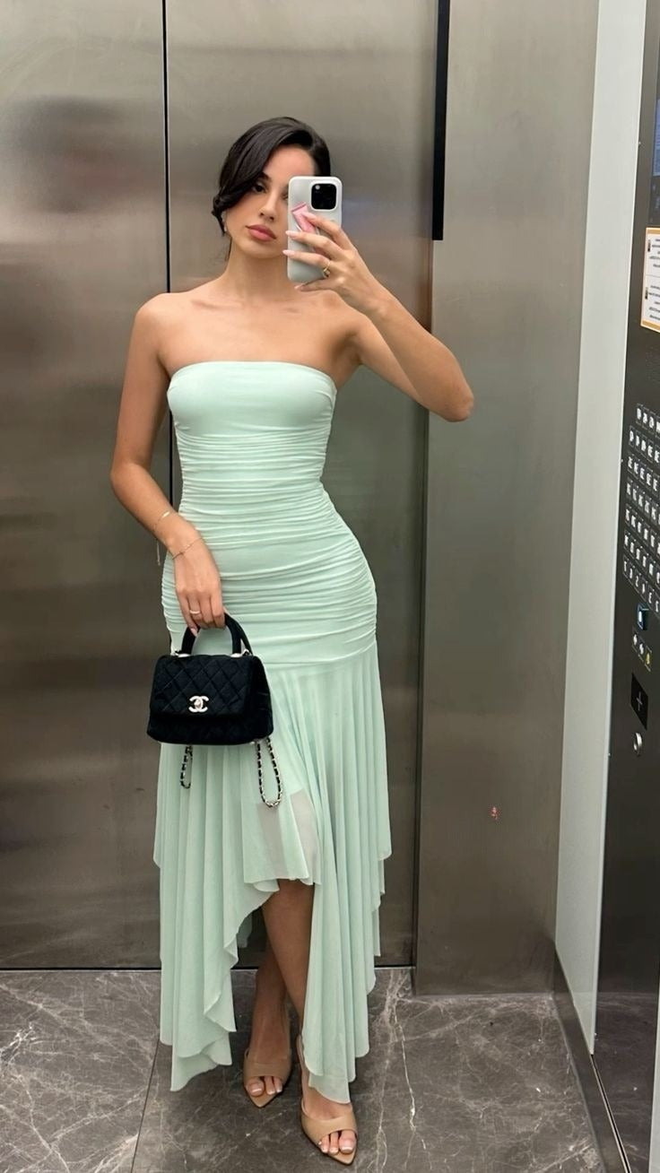 Elegant Green Strapless Chiffon Irregular Skirt Prom Dress Evening Dress HZ1024
