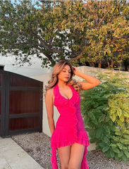 Halter Neck Low Neck Sleeveless Ruffle Mini Prom Dress Party Dress HZ1024