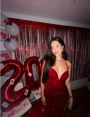Shiny Spaghetti Strap Sleeveless Sequin Slit Long Prom Dress Evening Dress HZ1024