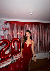 Shiny Spaghetti Strap Sleeveless Sequin Slit Long Prom Dress Evening Dress HZ1024