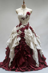 Vintage White and Red Strapless Sweetheart Neck 3D Flower Pleated Long Prom Dress Evening Dress HZ1024