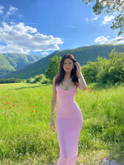 Mermaid Spaghetti Strap Simple Pink Sleeveless Long Prom Dress Evening Dress HZ1024