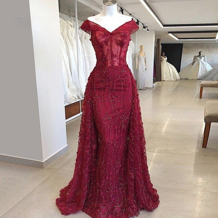 Sexy Red Off Shoulder V Neck Beaded Mermaid Long Ball Gown Evening Dress HZ1024