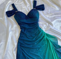 Vintage Shiny Gradient Blue-green Sheath Chiffon Unique Shoulder Strap Design Long Prom Dress Evening Dress HZ1024