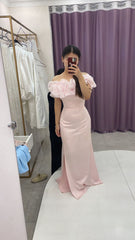 Elegant Pink Off Shoulder Mermaid Floor Length Formal Slit Prom Dress Evening Gown HZ1024