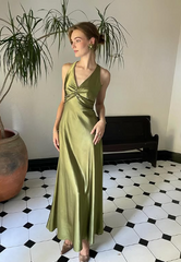 Halterneck Elegant Green Backless Satin A-Line Prom Dress Evening Gown HZ1024