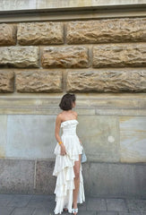 Elegant White Strapless Tiered Ruffle Slit Long Ball Gown Evening Dress HZ1024