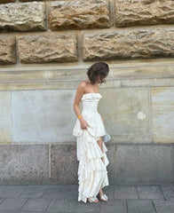 Elegant White Strapless Tiered Ruffle Slit Long Ball Gown Evening Dress HZ1024