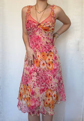 Vintage Pink Printed V Neck Sleeveless Chiffon Prom Dress Evening Dress HZ1024