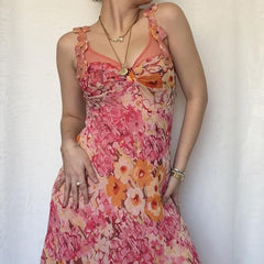 Vintage Pink Printed V Neck Sleeveless Chiffon Prom Dress Evening Dress HZ1024