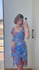 Vintage Blue Printed Strapless Chiffon Prom Dress Evening Dress HZ1024