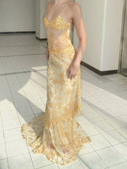 Gorgeous Spaghetti Strap Sleeveless Sequin Beaded Floor-Mounting Mermaid Long Prom Dress Evening Dress HZ1024