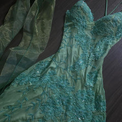 Vintage Green V-neck Straps Sleeveless Sequined Lace Irregular Skirt Prom Dress Evening Dress HZ1024