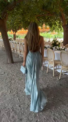 Elegant Blue Spaghetti Strap Sleeveless Pleated Backless Long Formal Prom Dress Evening Gown HZ1024