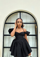 Classic Black Off Shoulder Halter Neck A-Line Mini Party Dress Homecoming Dress HZ1024
