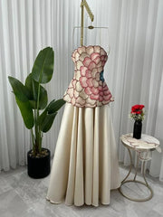 Elegant A-Line Strapless Beaded Satin Long Formal Prom Dress Evening Gown HZ1024