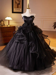 Formal Evening Gown Black Off Shoulder Sleeveless A Line Tulle Floor Length Evening Gown Prom Dress HZ1024