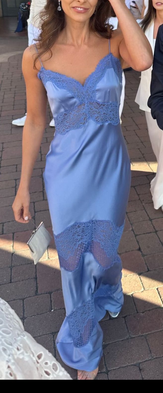 Elegant Blue Strap Lace Silk Satin Prom Dress Evening Gown HZ1024