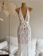 Sexy Deep V Neck White Lace Halter Backless Mermaid Prom Dress Evening Dress HZ1024