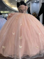 Sweet Pink Bow Tulle Butterfly A-Line Tutu Prom Dress Evening Gown HZ1024