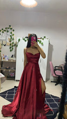 Simple Burgundy Satin Strap Slit Floor Length Prom Dress Evening Dress HZ1024