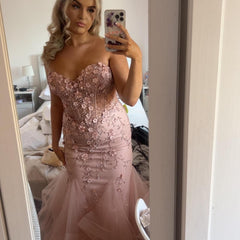Elegant Pink Strapless Sweetheart Neck Mermaid Tulle Long Prom Dress Evening Dress HZ1024
