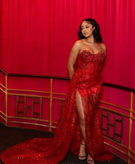 Gorgeous burgundy off-the-shoulder sequined high-slit prom dress evening gown HZ1024