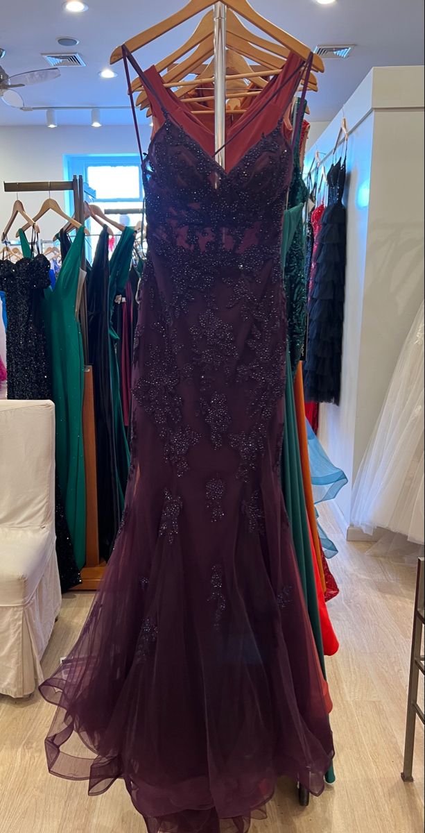 Vintage Purple Lace Strapless V-Neck Tulle Mermaid Long Prom Dress Evening Dress HZ1024