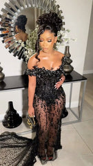 Sexy Black Off Shoulder Sparkling Mermaid Train Prom Dress Evening Dress HZ1024