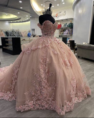 Sweet pink off-the-shoulder A-line sequined tulle with train prom dress evening dress HZ1024